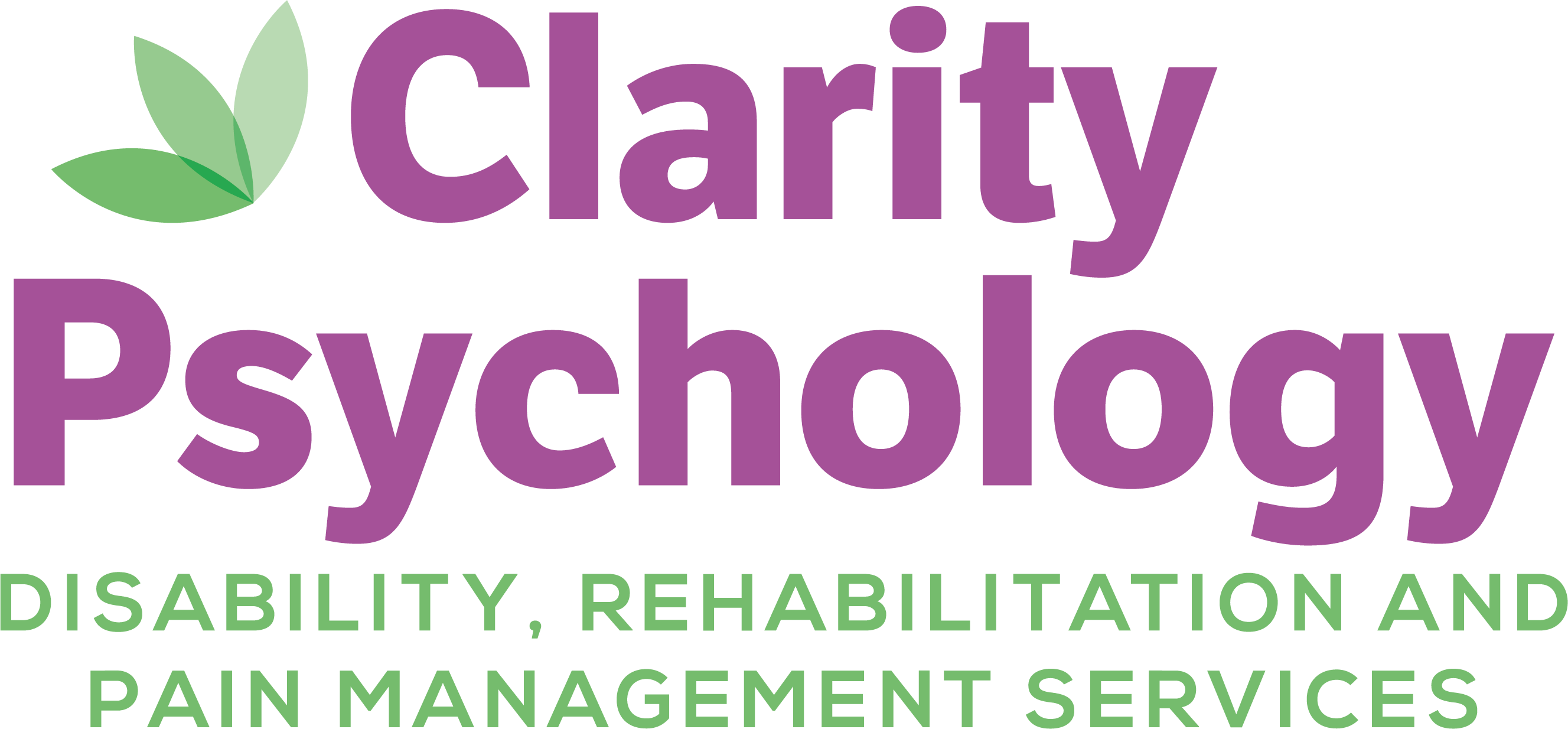 Clarity Psychology logo with green leaves and service focus on disability and rehabilitation.