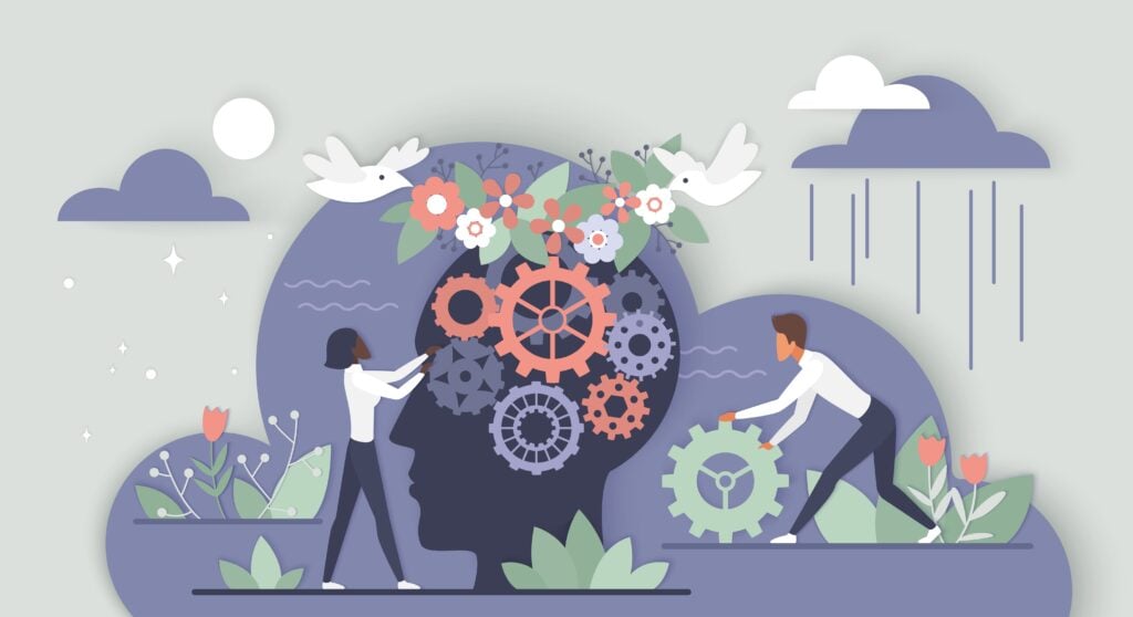 People adjusting gears inside a head illustration representing the Clarity Psychology concept