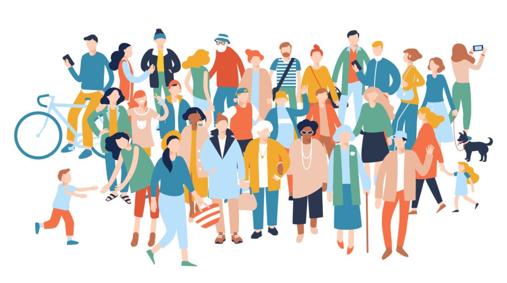 Illustration of a diverse community group walking and interacting together, representing Clarity Psychology’s inclusive values