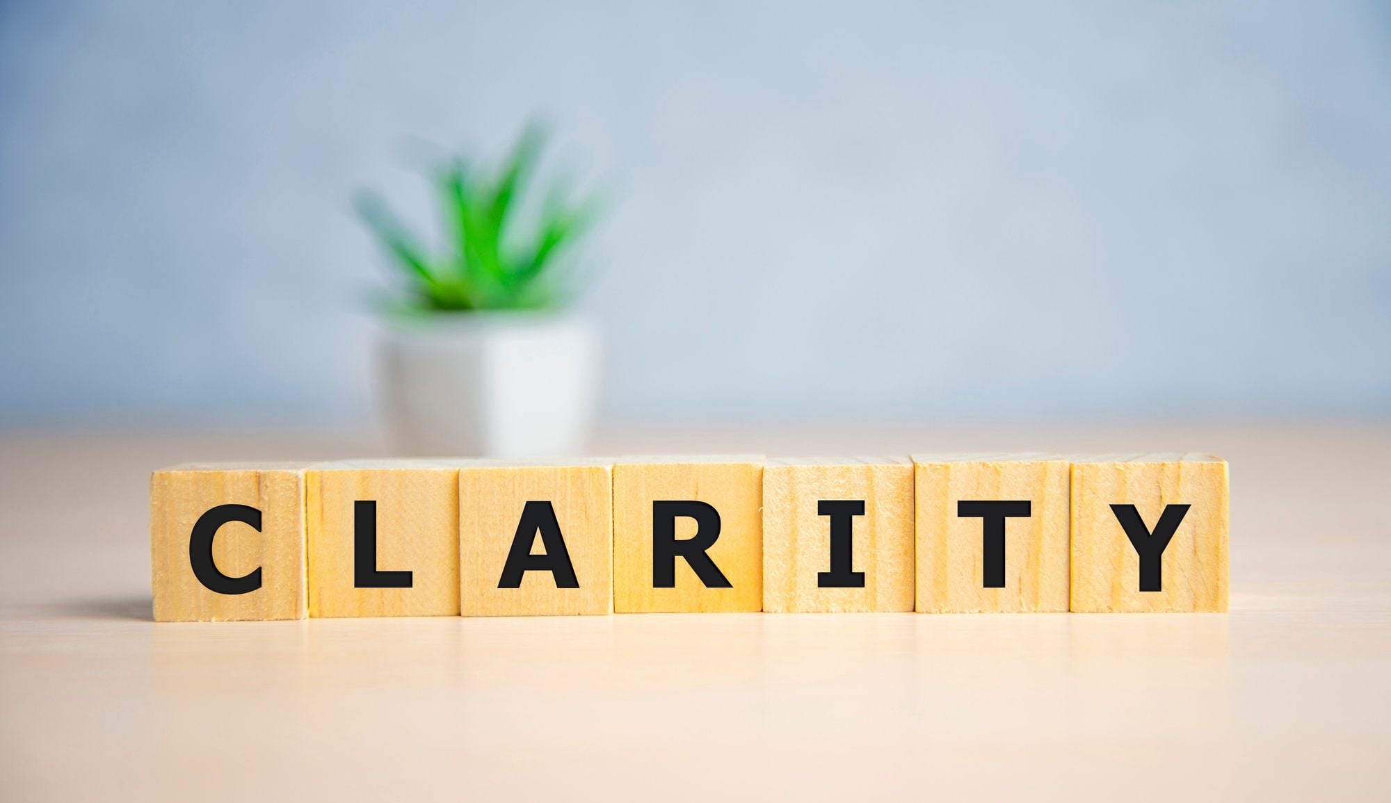 Clarity Psychology spelled in wooden blocks with blurred green plant in background